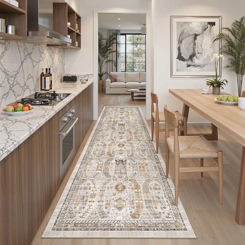 Madane Runner Rug 2'6''x8' Kitchen Runner, Hallway Runner Printed Vintage Washable Rugs Soft Non-Slip Low Pile 2.5x8 ft Runners for Hallways Laundry Room Rug Distressed Rug, Brown/Gold