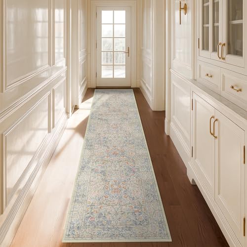 Washable Beige Blue 2x10 Runner Rug for Hallway Kitchen Mudroom, Non-Slip Stain Resistant Extra Long Floor Mat 10 ft - Vintage Floral Aethestic Decor