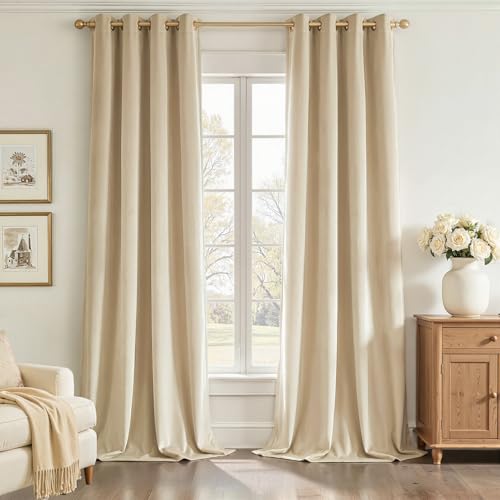 Topfinel 63 Inch Long Beige Blackout Velvet Curtains, Sound Proof Grommet Curtains, Ivory Cream Boho UV Blocking Cute Elegant Drapes for Small Window Bedroom Funky Decor