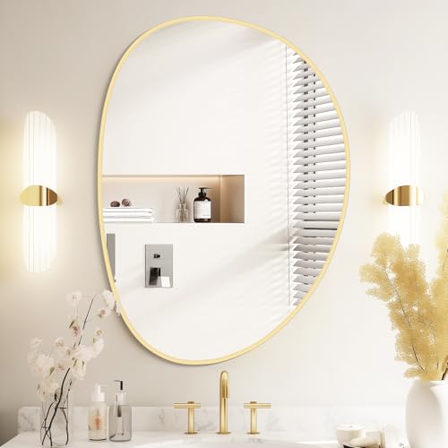 WallBeyond Irregular Wall Mirror, Asymmetrical Mirror Wall Mounted with Gold Framed for Living Room, Bathroom, Bedroom, Entryway Wall Decor, 28"21", Gold