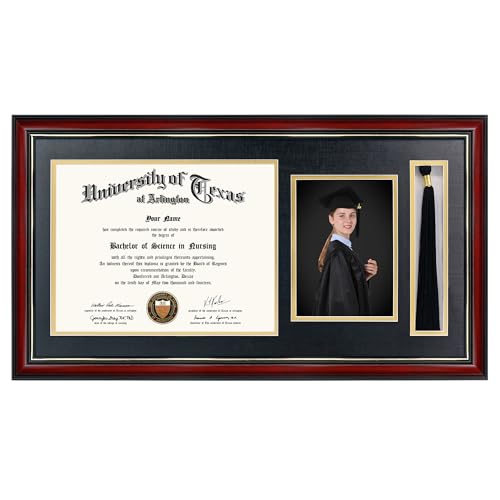 GraduationMall 11x22 Cherry Diploma Frame with Tassel Holder and Picture for 8.5x11 Certificate 5x7 Photo,Tempered Glass,Black over Gold Mat