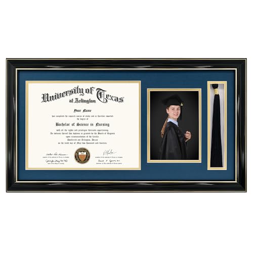 GraduationMall 11x22 Black Diploma Frame with Tassel Holder and Picture for 8.5x11 Certificate 5x7 Photo,Tempered Glass,Navy over Gold Mat