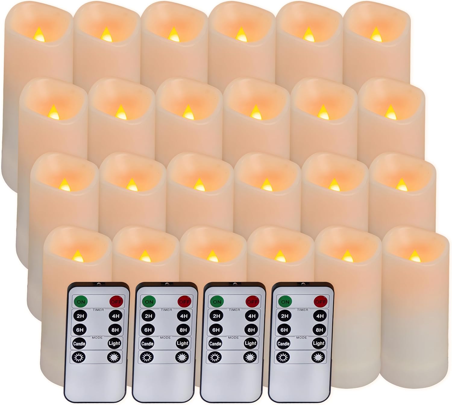 Aignis 24pcs Flameless LED Candles Battery Operated with 10-Key Remote Timer, Outdoor Waterproof Electric Lights, Warm Flickering Glow for Cozy Home/Wedding/Holiday Decor (D2.2'' x H4''/5''/6''/7'')