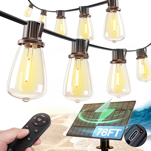 addlon 72FT Solar String Lights Outdoor, Waterproof Solar Powered Outside Lights with Remote & USB Port, ST38 LED Shatterproof Bulbs, Dimmable Solar Light for Camping Backyard Porch