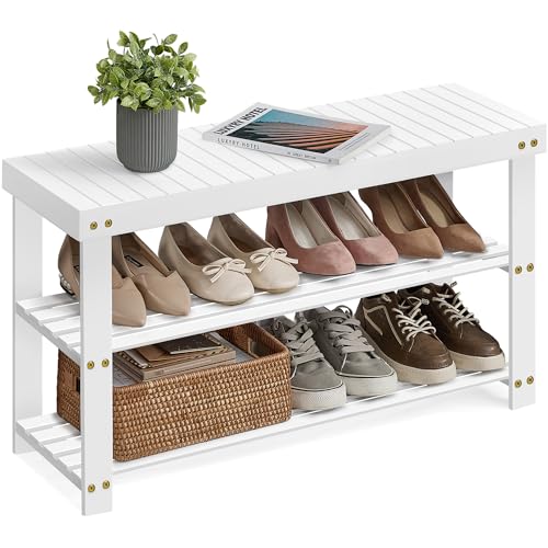 SONGMICS Shoe Rack Bench, 3-Tier Bamboo Shoe Storage Organizer, Entryway Bench, Holds Up to 286 lb, 11.3 x 35.4 x 17.8 Inches, for Entryway Bathroom Bedroom, Cloud White ULBS090W01