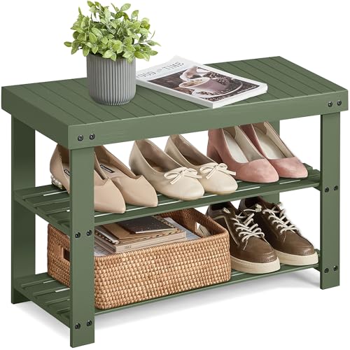 SONGMICS Shoe Rack Bench, 3-Tier Bamboo Shoe Storage Organizer, Entryway Bench, Holds Up to 286 lb, 11.3 x 27.6 x 17.8 Inches, for Entryway Bathroom Bedroom, Forest Green ULBS004C01