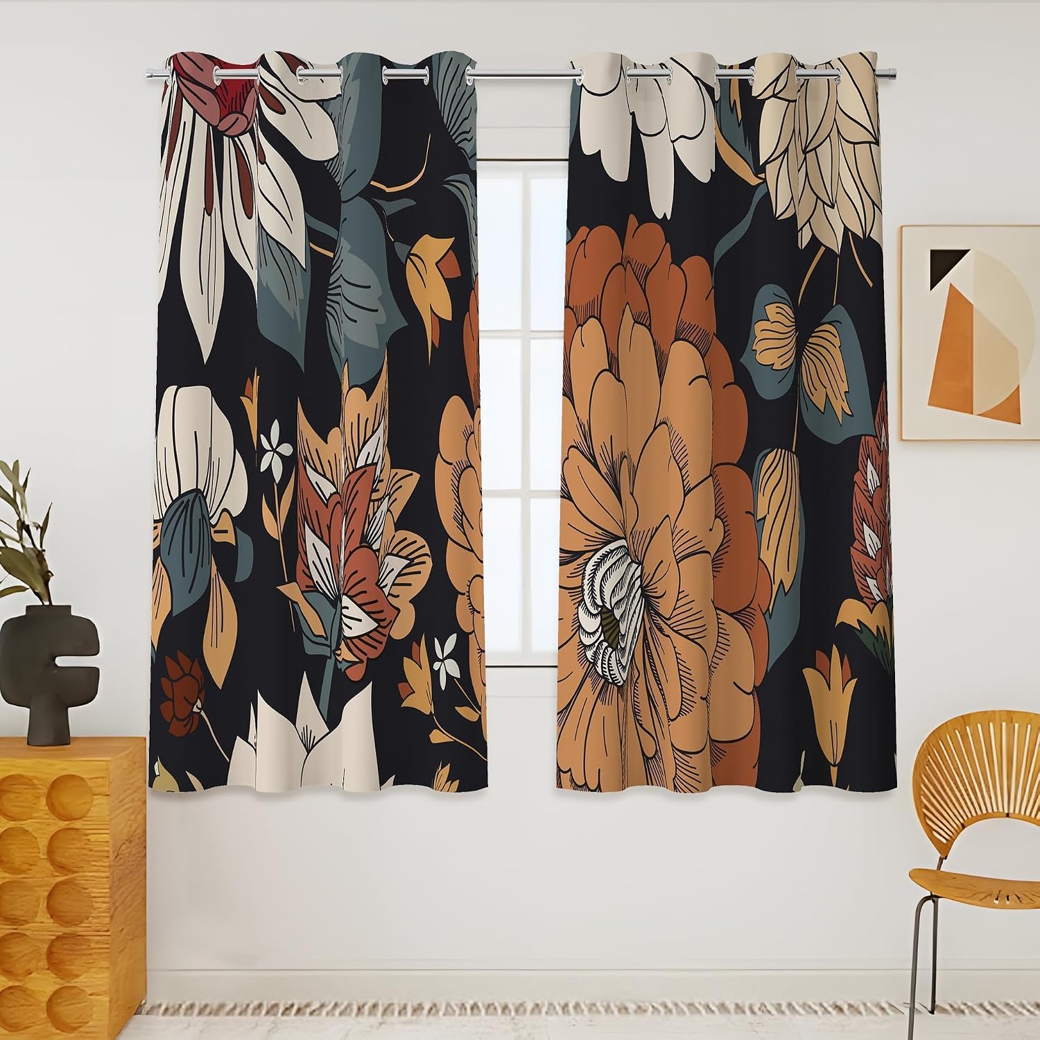 Black Boho Floral 100% Blackout Curtains 54 Inch Long 2 Panels Mid Century Modern Botanical Grommet Thermal Insulated Room Darkening Black Out Window Drapes for Kitchen, 52Wx54L