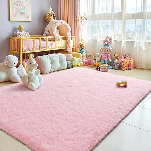 Merelax Modern Soft Fluffy Small Shaggy Rug for Bedroom Livingroom Dorm Kids Room Indoor Home Decorative, Non-Slip Plush Furry Fur Area Rugs Comfy Nursery Accent Floor Carpet 5X7 Feet,Pink