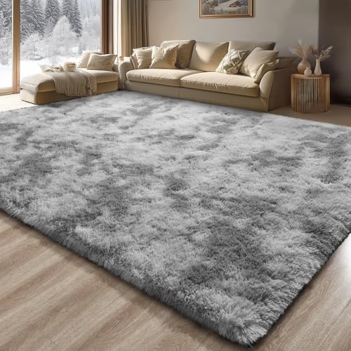 Merelax Modern Soft Fluffy Small Shaggy Rug for Bedroom Livingroom Dorm Kids Room Indoor Home Decorative, Non-Slip Plush Furry Fur Area Rugs Comfy Nursery Floor Carpet 7X10 Feet,Tie-Dyed Light Grey