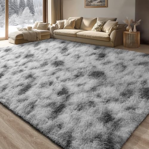 Merelax Modern Soft Fluffy Small Shaggy Rug for Bedroom Livingroom Dorm Kids Room Indoor Home Decorative, Non-Slip Plush Furry Fur Area Rugs Comfy Nursery Floor Carpet 5X7 Feet,Tie-Dyed White Grey