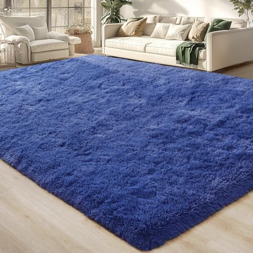 Merelax Modern Soft Fluffy Small Shaggy Rug for Bedroom Livingroom Dorm Kids Room Indoor Home Decorative, Non-Slip Plush Furry Fur Area Rugs Comfy Nursery Accent Floor Carpet 5X7 Feet,Light Navy