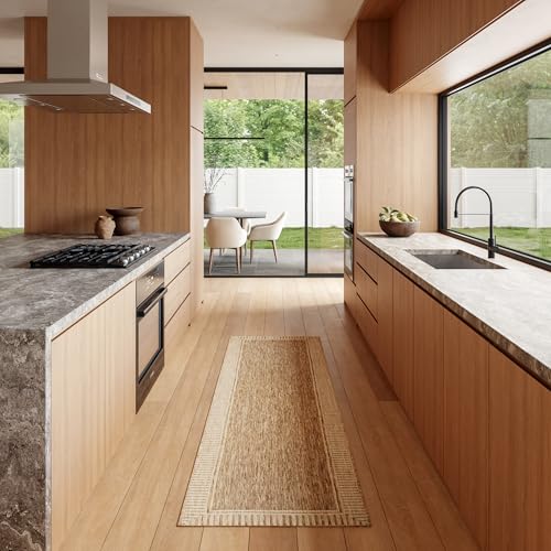 nuLOOM 2' x 10' Outdoor/Indoor Asha Area Rug, Asha Light Brown, Casual Design with Striped Border, Stain Resistant, Highly Durable, for Patio, Balcony, Bedroom, Living Room, Dining Room, Bathroom