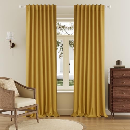 DUALIFE 96 Inch Curtains 2 Panel Set Farmhouse Blackout Heat Reducing Sun Block Out Curtains for Bedroom Dorm UV Blocking Noise Canceling Burlap Linen Look Drapes Rod Pocket Back Tab,50 X 96 Yellow