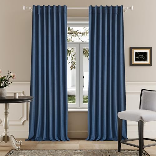 DUALIFE 96 Inch Curtains 2 Panel Set Farmhouse Blackout Heat Reducing Sun Block Out Curtains for Bedroom Dorm UV Blocking Noise Canceling Burlap Linen Look Drapes Rod Pocket Back Tab,50 X 96 Blue