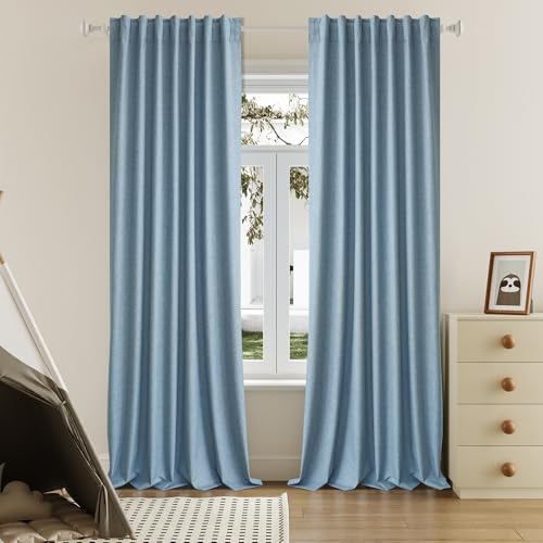 96 Inch Curtains 2 Panel Set Farmhouse Blackout Heat Reducing Sun Block Out Curtains for Bedroom Dorm UV Blocking Noise Canceling Burlap Linen Look Drapes Rod Pocket Back Tab,50 X 96 Slate Blue