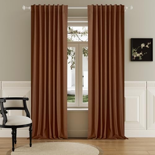 DUALIFE 96 Inch Terracotta Curtains 2 Panel Set Blackout Heat Reducing Sun Block Out Curtains for Bedroom Dorm UV Blocking Noise Canceling Burlap Linen Look Drapes Rod Pocket Back Tab,50 X 96 Rust