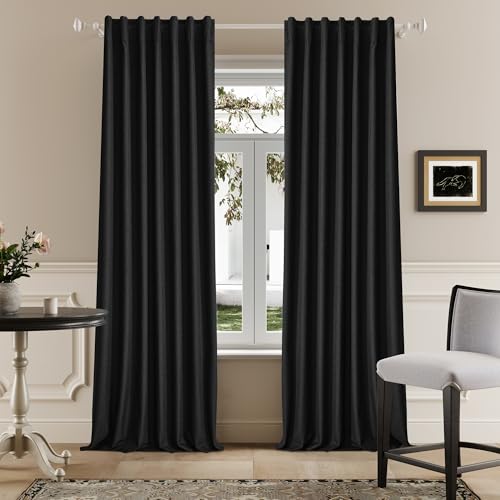 DUALIFE 96 Inch Curtains 2 Panel Set Farmhouse Blackout Heat Reducing Sun Block Out Curtains for Bedroom Dorm UV Blocking Noise Canceling Burlap Linen Look Drapes Rod Pocket Back Tab,50 X 96 Black