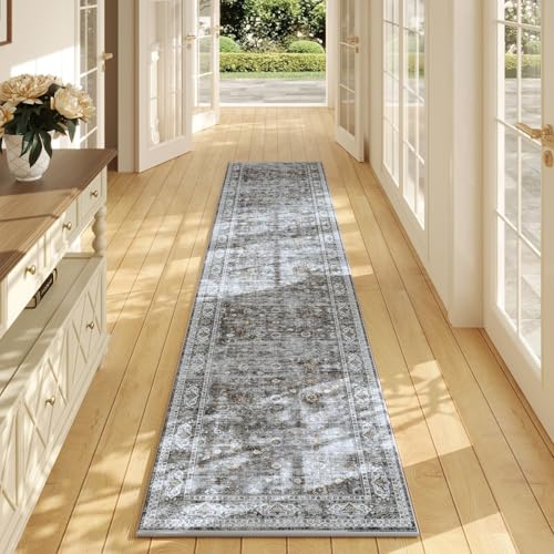 Runners for Hallways Kitchen Runner Rug Non Slip 2'x10' Long Washable Rugs with Rubber Backing Soft Vintage Carpet Runner for Hallways, Kitchen, Laundry, Bedroom, Bathroom (Grey and Brown)