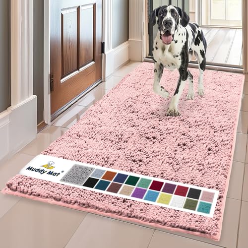 Muddy Mat Original Dog Door Mat for Muddy Paws, Super Absorbent Microfiber, Non-Slip Washable Pet Rug, Quick Dry Chenille Entryway Carpet, Machine Washable Indoor Outdoor mat, Pink 24"x60"