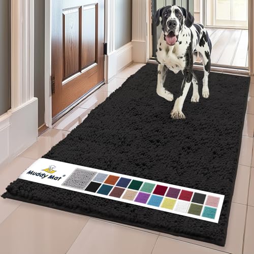 Muddy Mat Original Dog Door Mat for Muddy Paws, Super Absorbent Microfiber, Non-Slip Washable Pet Rug, Quick Dry Chenille Entryway Carpet, Machine Washable Indoor Outdoor mat, Black 24"x120"