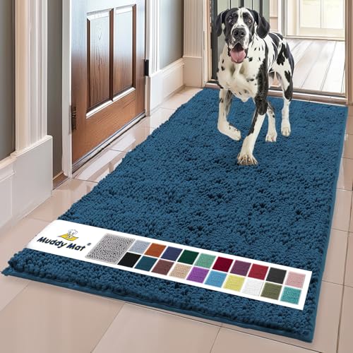 Muddy Mat Original Dog Door Mat for Muddy Paws, Super Absorbent Microfiber, Non-Slip Washable Pet Rug, Quick Dry Chenille Entryway Carpet, Machine Washable Indoor Outdoor mat, Atlantic Blue 36"x120"