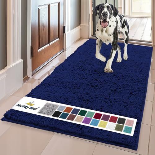 Muddy Mat Original Dog Door Mat for Muddy Paws, Super Absorbent Microfiber, Non-Slip Washable Pet Rug, Quick Dry Chenille Entryway Carpet, Machine Washable Indoor Outdoor mat, Navy Blue 24"x120"