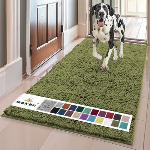 Muddy Mat Original Dog Door Mat for Muddy Paws, Super Absorbent Microfiber, Non-Slip Washable Pet Rug, Quick Dry Chenille Entryway Carpet, Machine Washable Indoor Outdoor mat, Army Green 24"x60"
