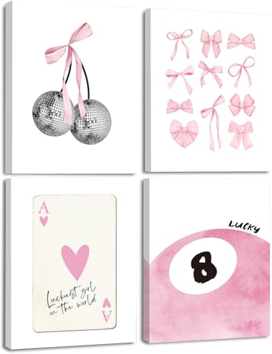 TWNSLLA Trendy Pink Wall Art Framed,Coquette Room Decor Aesthetic Canvas Wall Art Set of 4,Coquette Wall Decor Preppy Pink Bow Heart Ace A Poker Pictures,Girly Cute Posters for College Apartment Dorm Bedroom Decoration,8x10inch,Framed