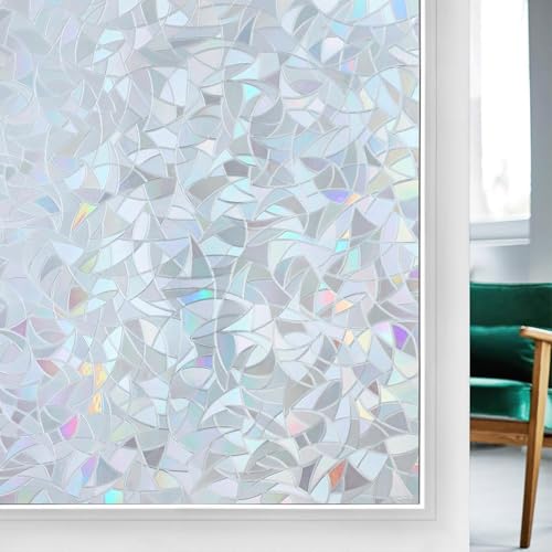 rabbitgoo Window Privacy Film Rainbow Film Decorative Window Sticker, 3D Static Stained Glass Cling Tint for Home Heat Control Non-Adhesive, Grayish Silver, 29.5 x 157.4 inches