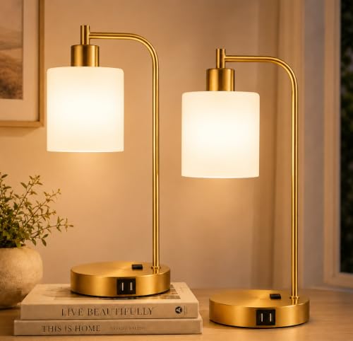 Set of 2 Industrial Touch Control Table Lamps with 2 USB Ports and AC Outlet - 3-Way Dimmable Gold Bedside Lamps Nightstand Desk Lamps for Bedroom Living Room, Opal Glass Shade & 2 LED Bulbs Included