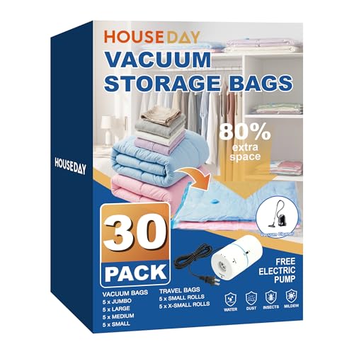 HOUSE DAY 30 Pack Vacuum Storage Bags with Electric Pump, 4 Sizes + 2 Roll-Up (5 Each), Space Saver Vacuum Seal Bags for Clothing, Bedding, Pillows, Travel  Airtight Seal, Reusable & Durable