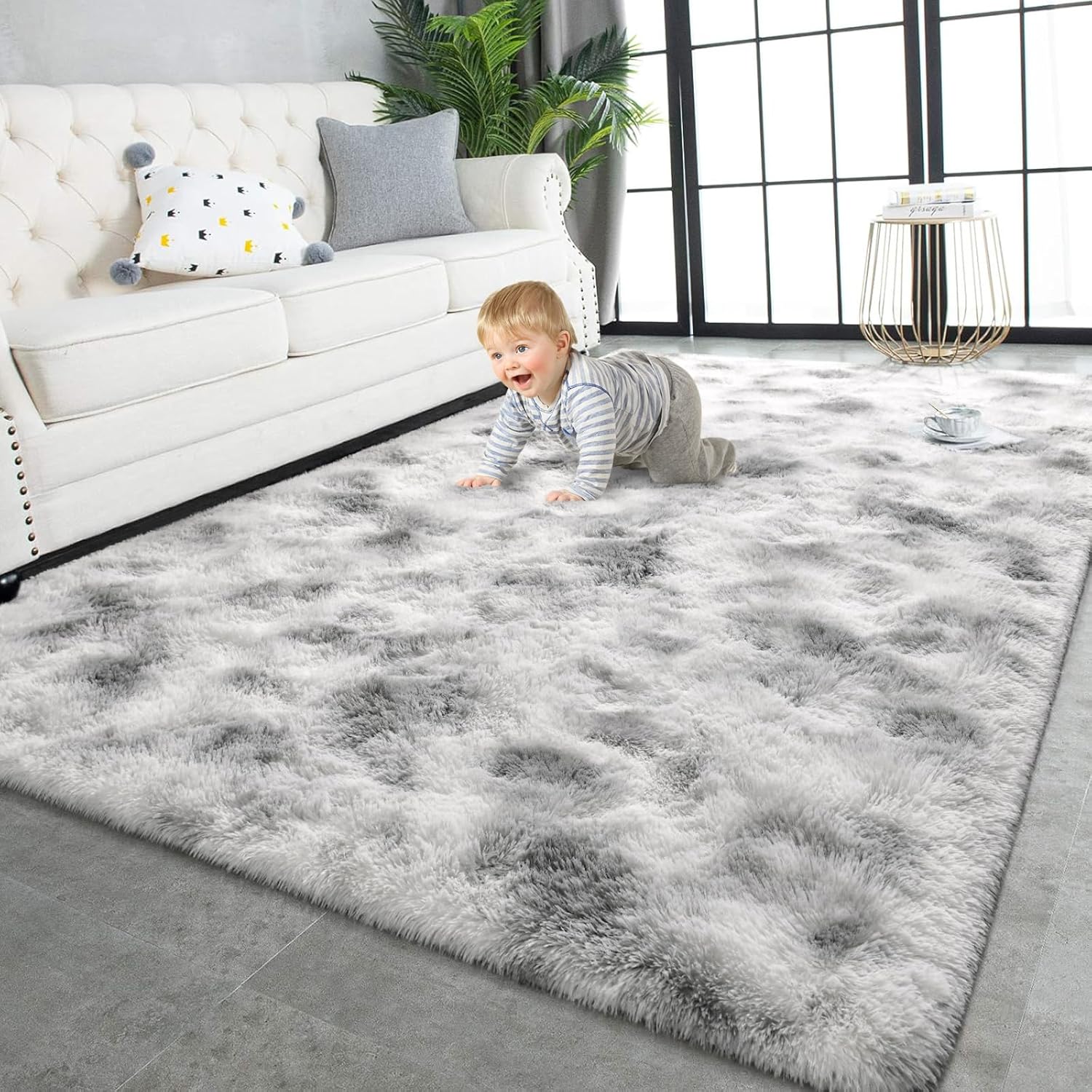 TWINNIS Super Soft Shaggy Rugs Fluffy Carpets 8x10 Feet, Indoor Modern Plush Area Rugs for Living Room Bedroom Kids Room Nursery Home Decor, Upgrade Anti-Skid Fuzzy Rug, Grey and White