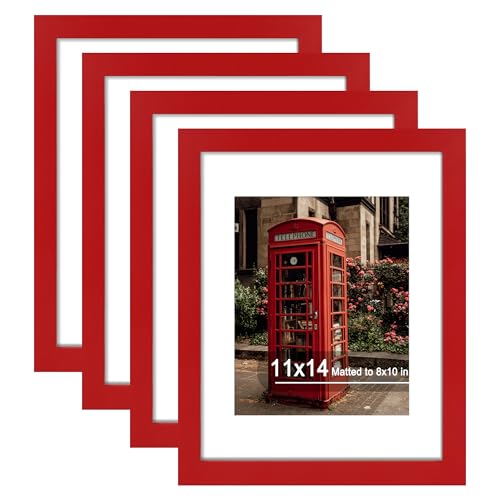 11x14 Picture Frame Set of 4, High Definition Real Glass, Display Pictures 8x10 with Mat or 11x14 Without Mat, Gallery Wall Hanging Photo Frames, Red