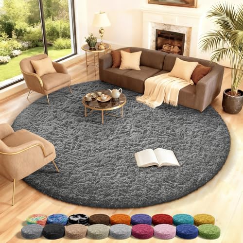 Ophanie Round Rugs 8Ft Grey Circle Area Rug, Fluffy Fuzzy Bedroom Carpet, Plush Soft Shaggy Indoor Floor Gray Living Room Rugs for Kids Home Decor Aesthetic, Nursery