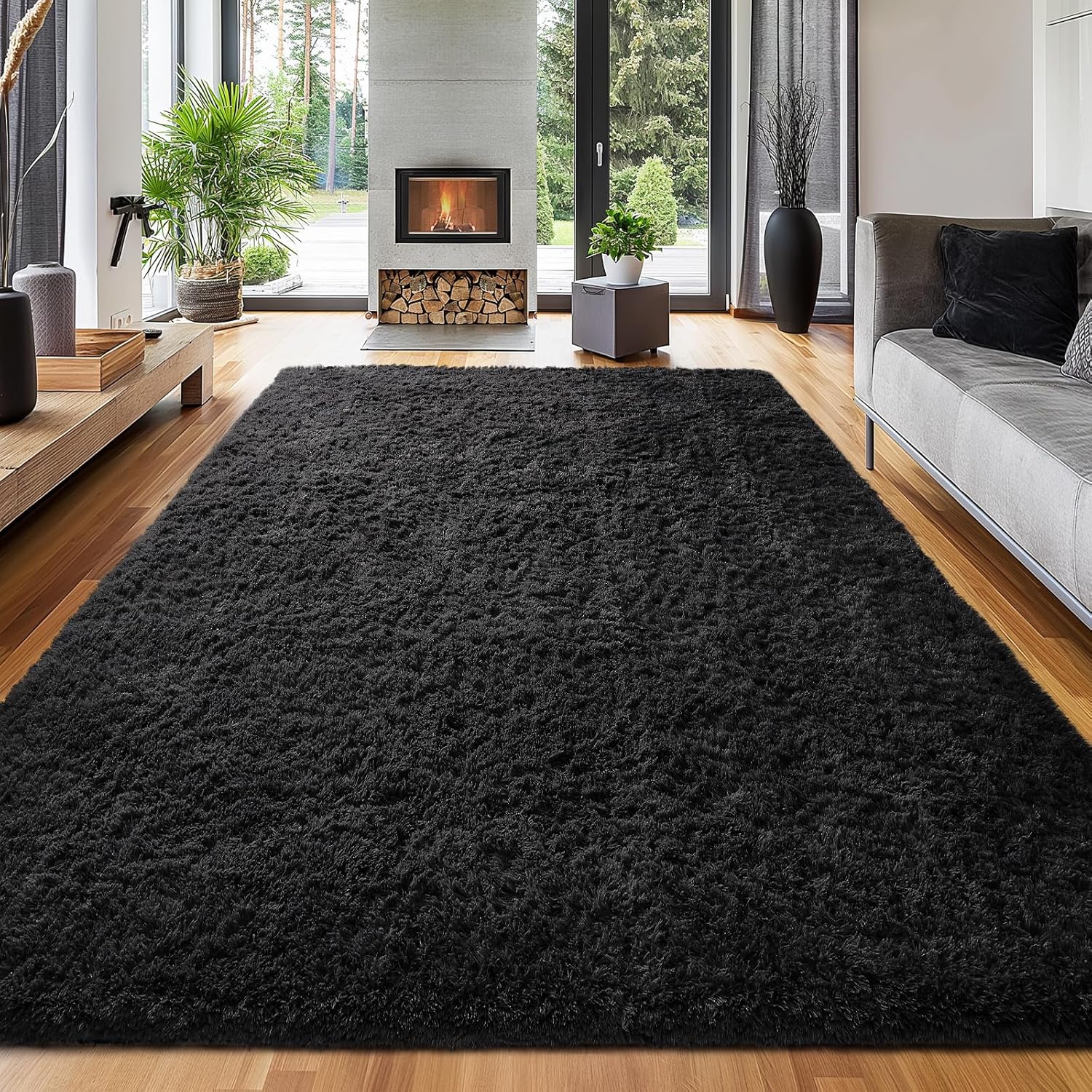 Ophanie Upgrade 9x12 Rugs for Living Room, Black, Fluffy Shaggy Soft Area Rug, Gray Non-Slip Indoor Floor Carpet for Bedroom, Kids Baby Boys Teen Dorm Home Decor Aesthetic, Nursery