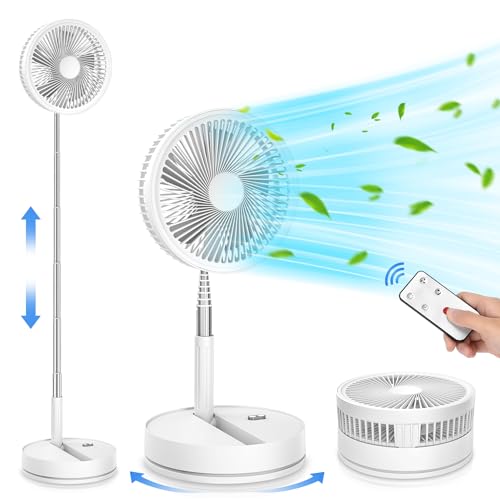 LIPETY Portable Foldable Rechargeable Oscillating Fan - 9" 7200mah Battery Operated USB C Small Fan Remote, Quiet Table Desk Fan Folding Standing Pedestal Fans for Bedroom Rome Office Camping Travel