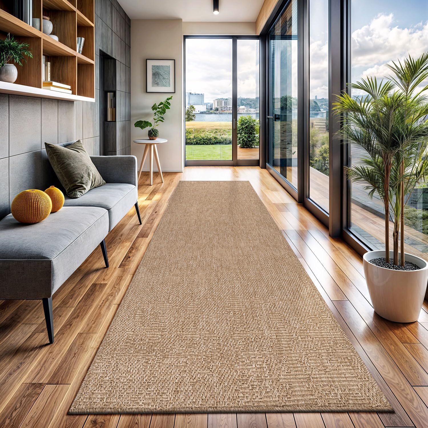 CAMILSON Indoor and Outdoor Runner Rug Natural Solid Boho Woven Design Easy-Cleaning Non Shedding Fiber Living Room Bedroom Garden Patio and Kitchen Washable Outside Carpet Alfombras (2x7)