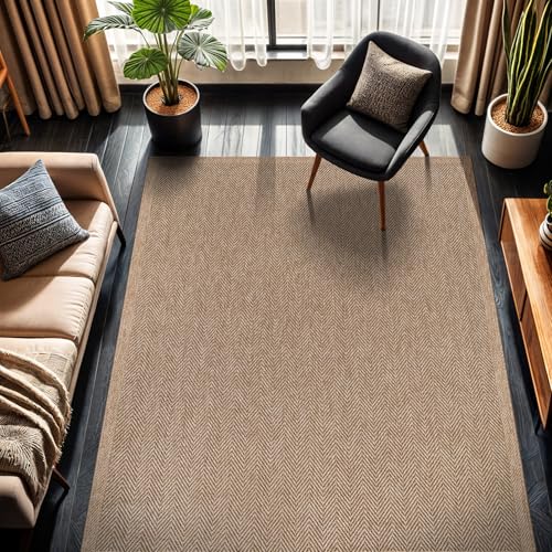 CAMILSON Easy Jute Rug 6x9, Indoor Outdoor Natural Color Fiber Area Rugs for Living Room Patio and Bedroom Rug Herringbone Seagrass Woven Design Easy-Cleaning, Washable Outside Carpet Alfombras 6 x 9
