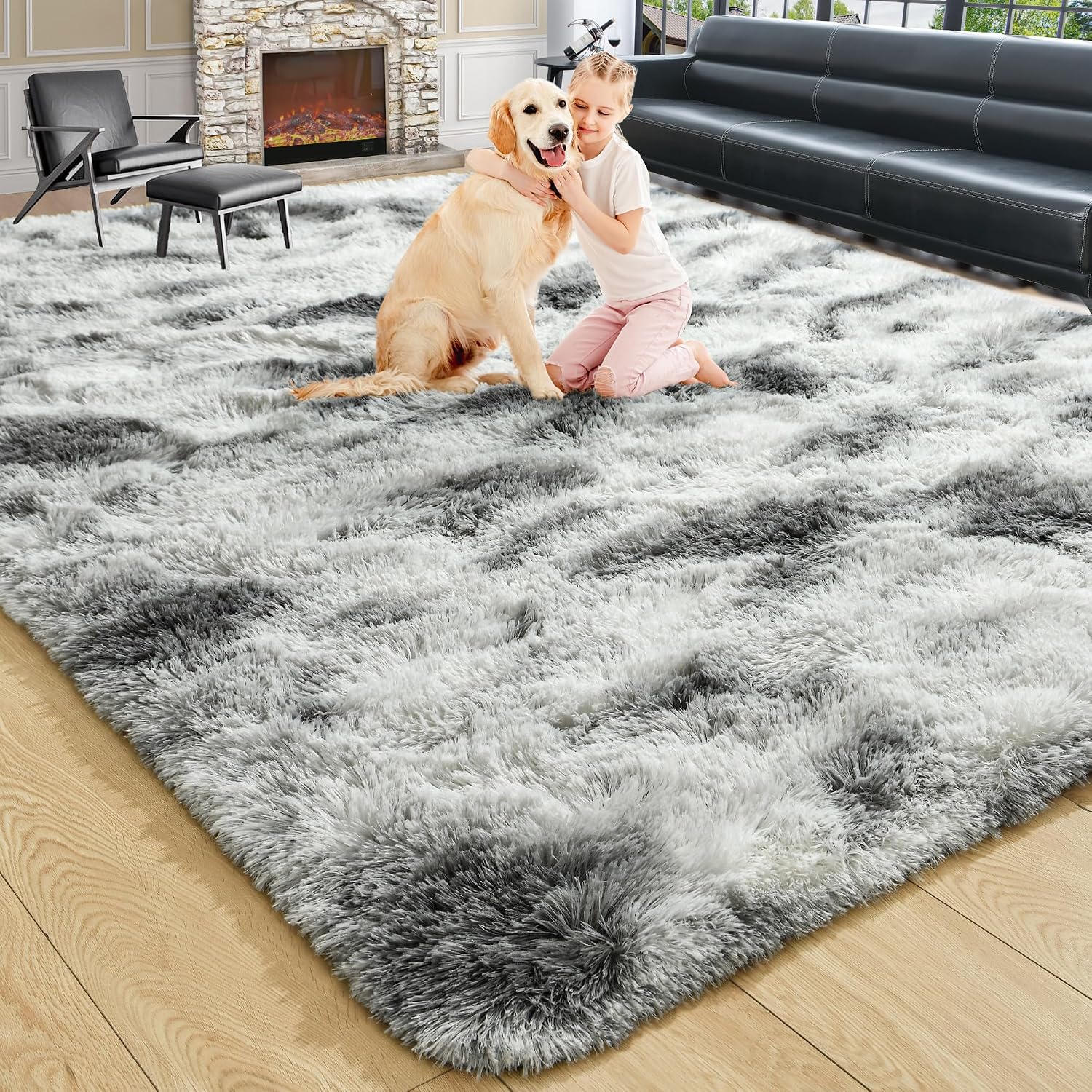Noahas Large Fluffy 6x9 Area Rugs for Living Room Bedroom,Tie-Dyed Grey and White Thick Shag Throw Rug,Big Soft Shaggy Bedside Non-Slip Plush Dorm Nursery Kids Carpet