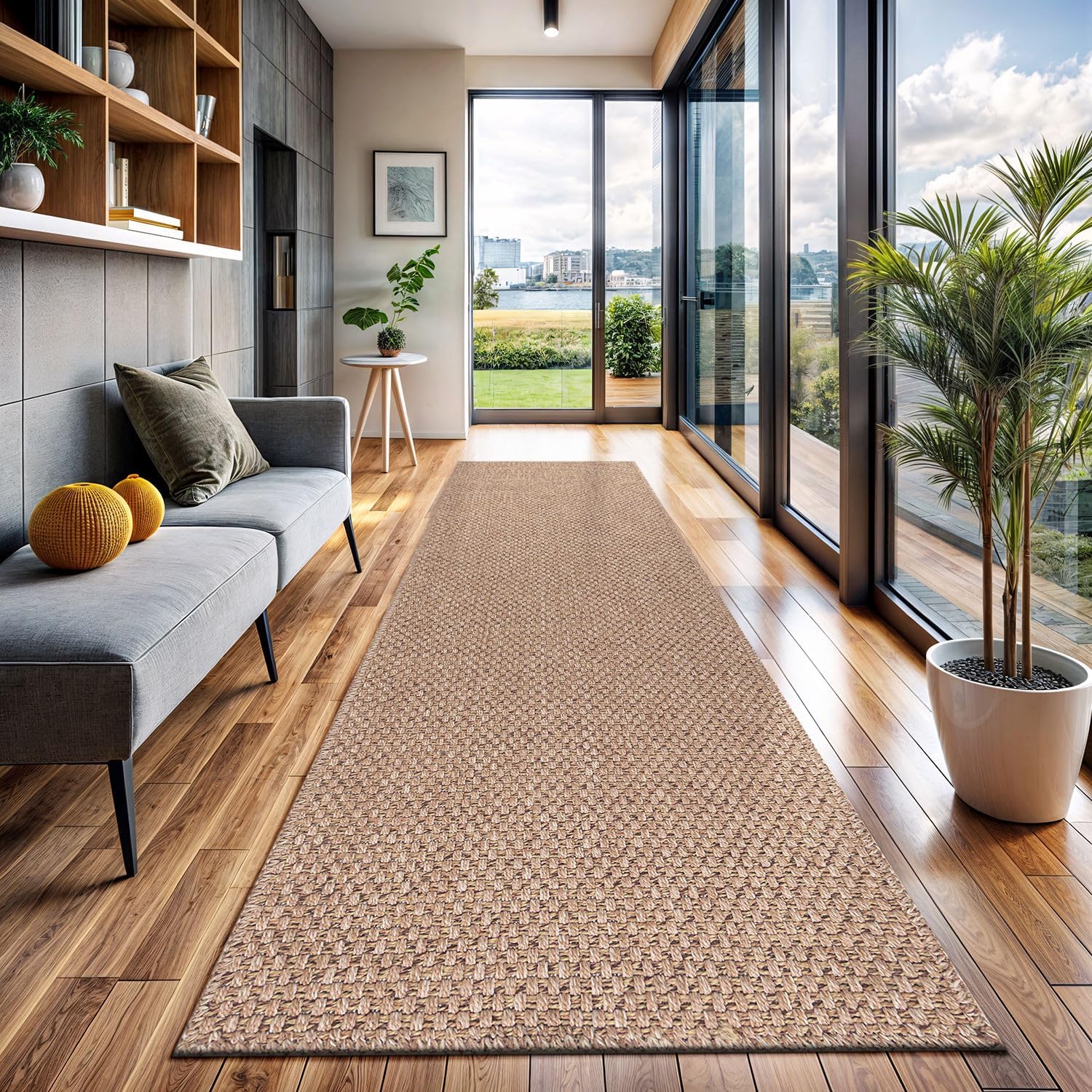 CAMILSON Indoor and Outdoor Runner Rug Natural Solid Boho Woven Design Easy-Cleaning Non Shedding Farmhouse Living Room Bedroom Garden Patio and Kitchen Washable Outside Carpet Alfombras (2x7)
