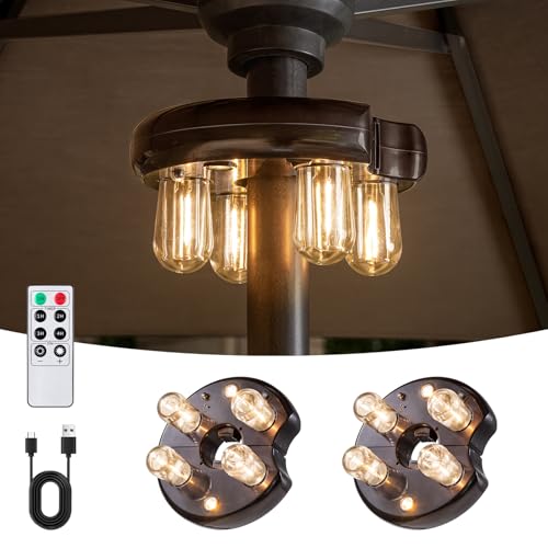 Patio Umbrella Light with Remote Control, Rechargeable Cordless LED Edison Bulbs Pole Light with 10 Brightness Levels for Garden, Patio, Backyard, Camping or BBQ - Brown (2 Pack)