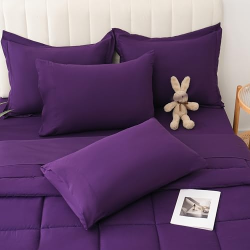 DOWNCOOL King Size Comforter Set, 7Pcs Bedding Comforter Sets Dark Purple, All Season Down Alternative Bedding Comforter Sets with Comforter, Flat Sheet, Fitted Sheet, 2 Pillow Shams & 2 Pillowcases