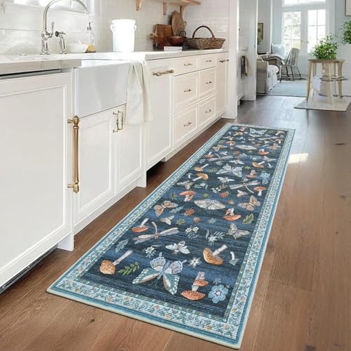 2.5x8 Runner Rug for Hallway Washable Kitchen Rugs Non Slip with Rubber Back Mushroom Soft Low-Pile Stain Resistant Foldable Indoor Carpet for Entryway Laundry Room Floor Mats Blue