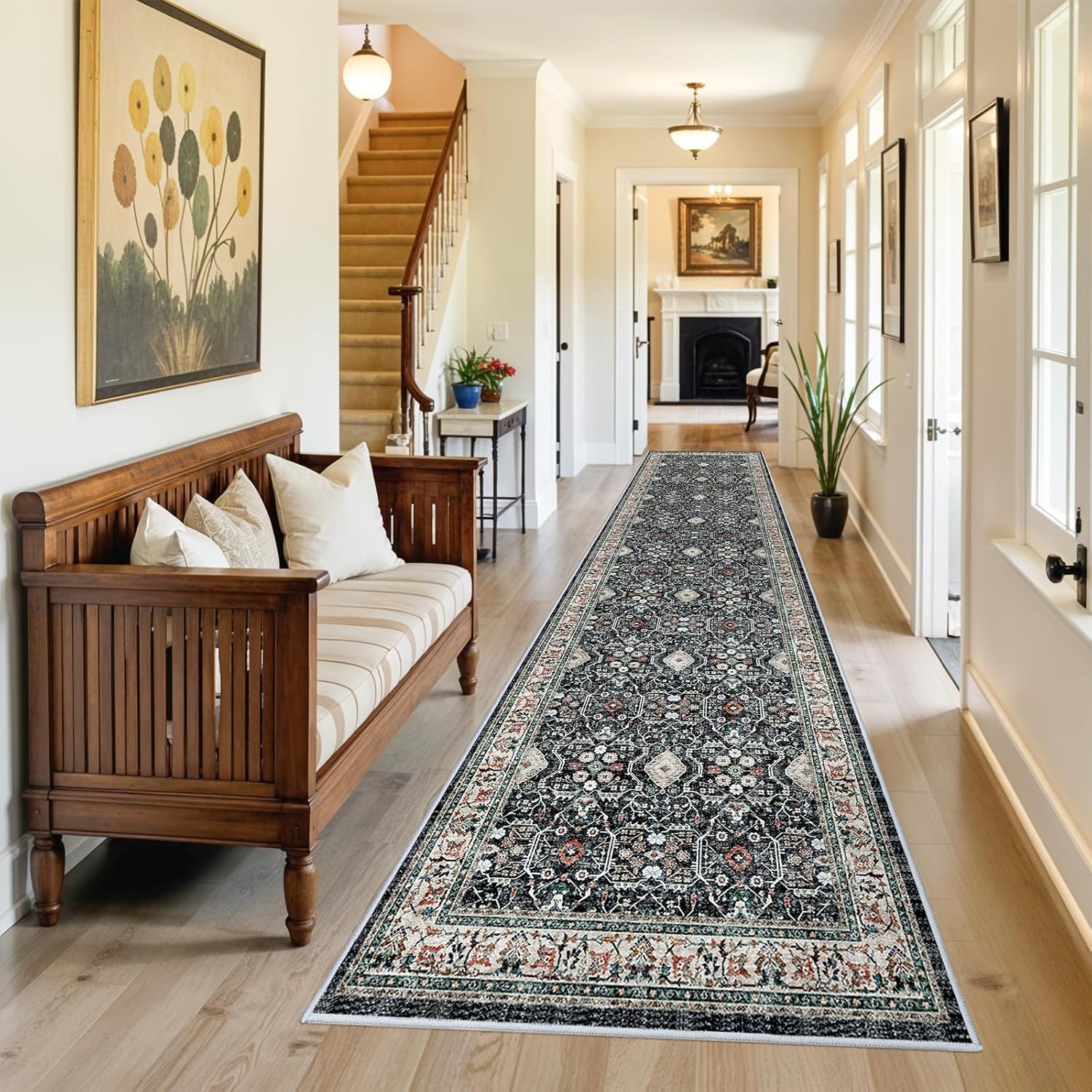 3x12 Washable Hallway Runner Rug: Oriental Long Ultra Soft Runners for Entryway Kitchen Thin Stain Resistant Low Pile 12ft Carpet for Living Room Bedroom Non Slip Bathroom Floor Mat(Black/Green,3x12)
