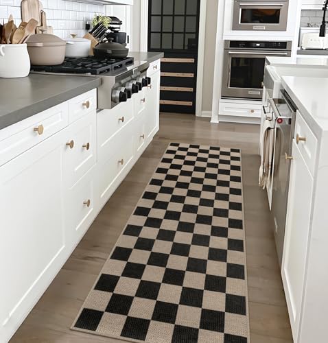 Easy Jute Checkered Runner Rug, 2x6 Black Modern Washable Rugs Runner for Hallway Non-Slip Kitchen Runner Rug, Farmhouse Checkerboard Indoor Outdoor Carpet for Porch Laundry Entryway