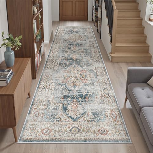 Madane Runner Rug 2'6''x8' Kitchen Runner, Hallway Runner Printed Vintage Washable Rugs Soft Non-Slip Low Pile Runners for Hallways Laundry Room Distressed Floor Carpet, Navy