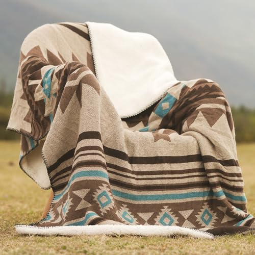 Aztec Throw Blanket with Soft Sherpa Lining, Traditional Southwestern Navajo Tribal Style Warm Throw for Camping, Outdoor, Cozy Boho Blanket for Couch, Sofa, Bed, 50"x60", Teddy Brown