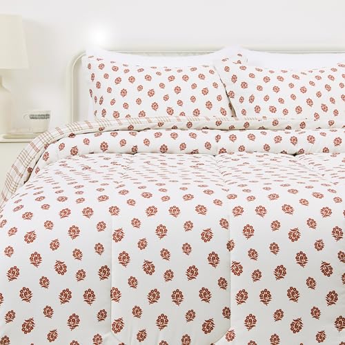 Amazon Basics Lightweight Microfiber Comforter Sets, 3-Pieces, Off White, Floral, Full/Queen