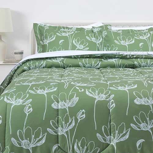 Amazon Basics Lightweight Microfiber Comforter Set (Green Floral) Full/Queen