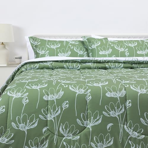 Amazon Basics Lightweight Microfiber Comforter Sets, 7 Pieces, Green, Floral, King